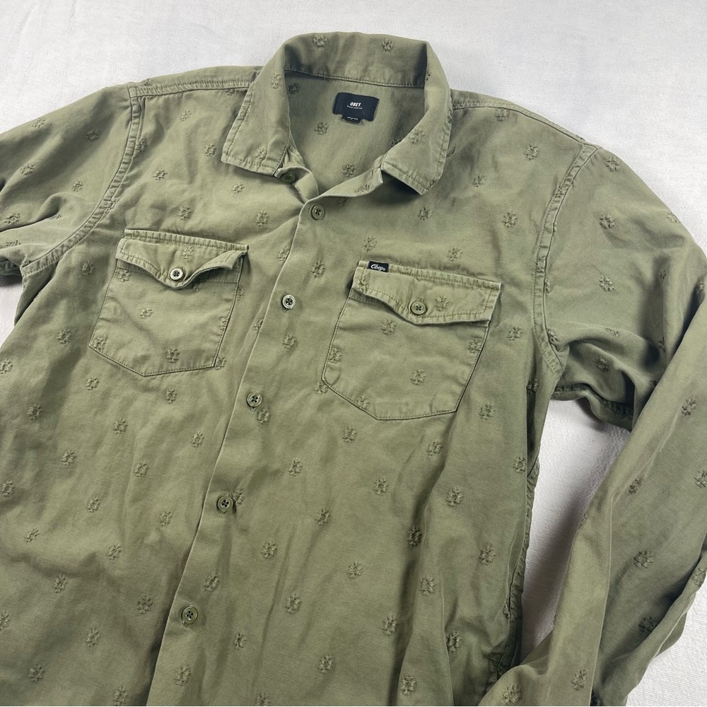 Obey Olive Green Embroidered Utility Shirt button flaps POCKETS Large